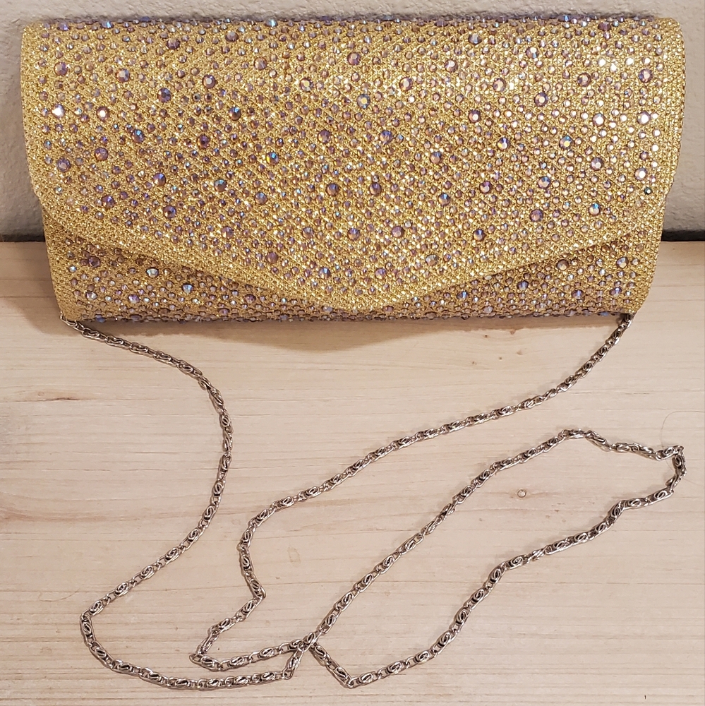 Gold Rhinestone Clutch with Silver Chain